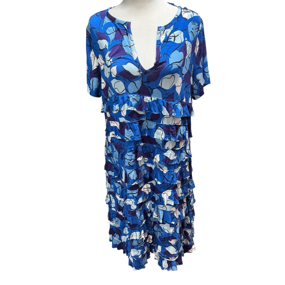 Colleen Lopez Blue‎ Floral Tiered Ruffle Dress Short Sleeve V-Neck Large #675
